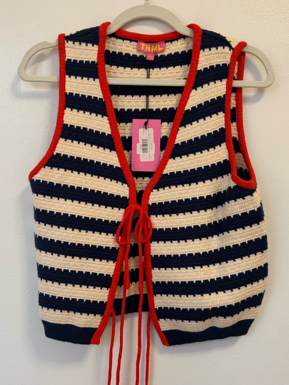 THML Navy and Cream Striped Knit Vest with Red Trim
